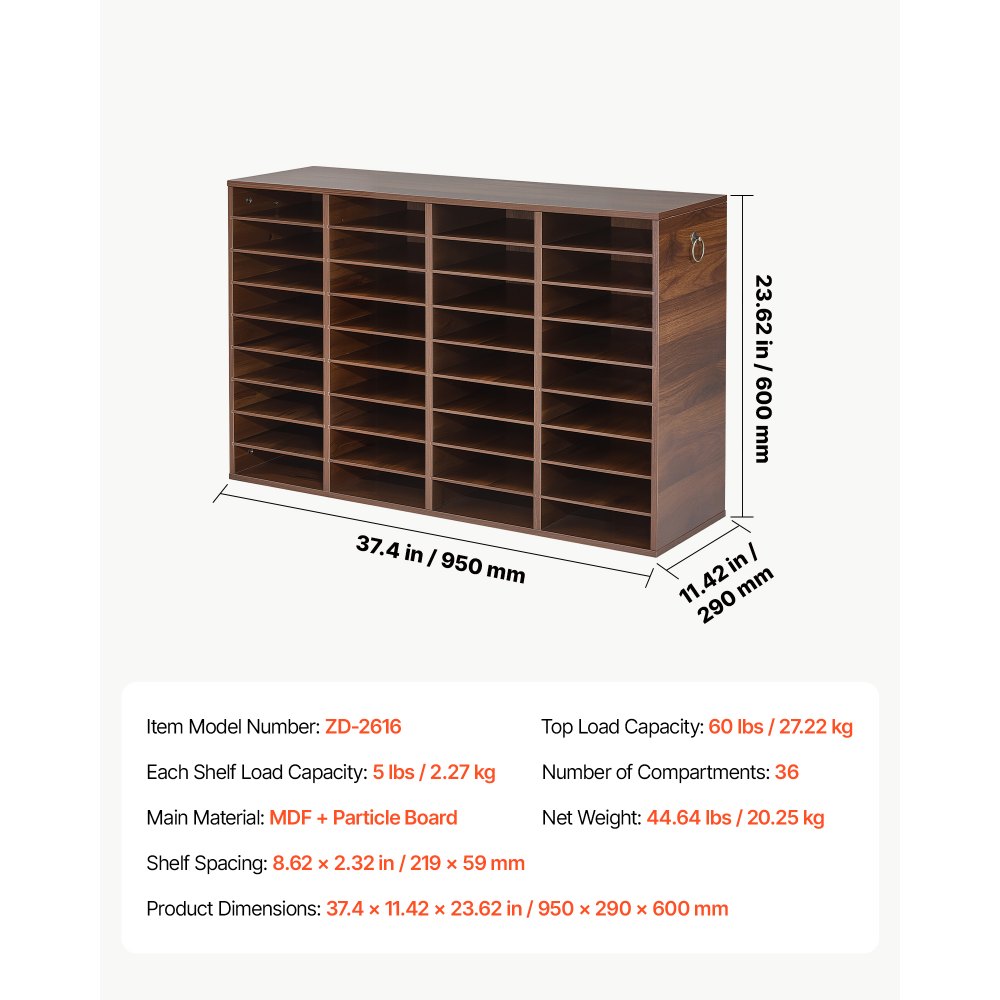 VEVOR Dokumentenablage Holz Schreibtisch Organizer mit 36 Fächern Braun, Ablagefach für Standard-A4-Dokumente Akten & Papiere, mit Verstellbaren Einlegböden für Büro, Zuhause & Klassenzimmer, MDF