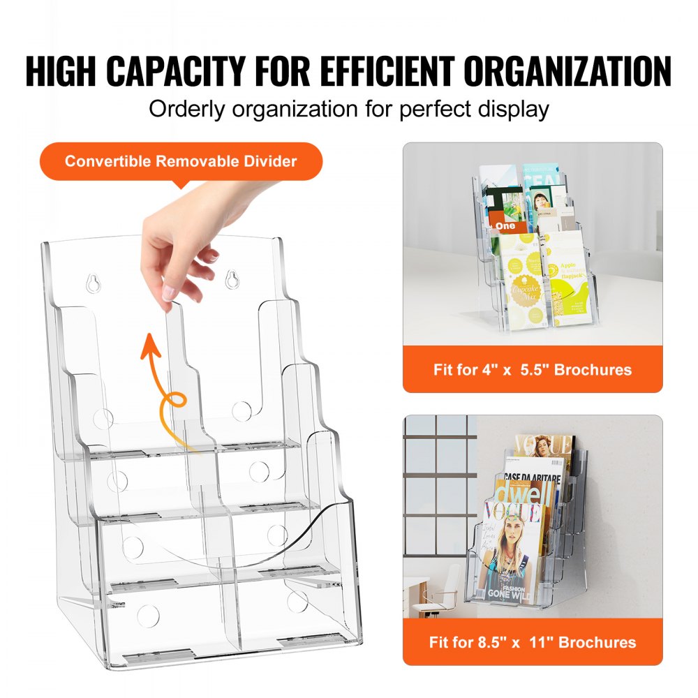 VEVOR Acrylic Brochure Holder/Sign Holder, 4-Tier Transparent Literature Stand, 223.52 x 279.4 mm, Display Stand with Removable Divider for Office Displays, Worktop, Wall Mount