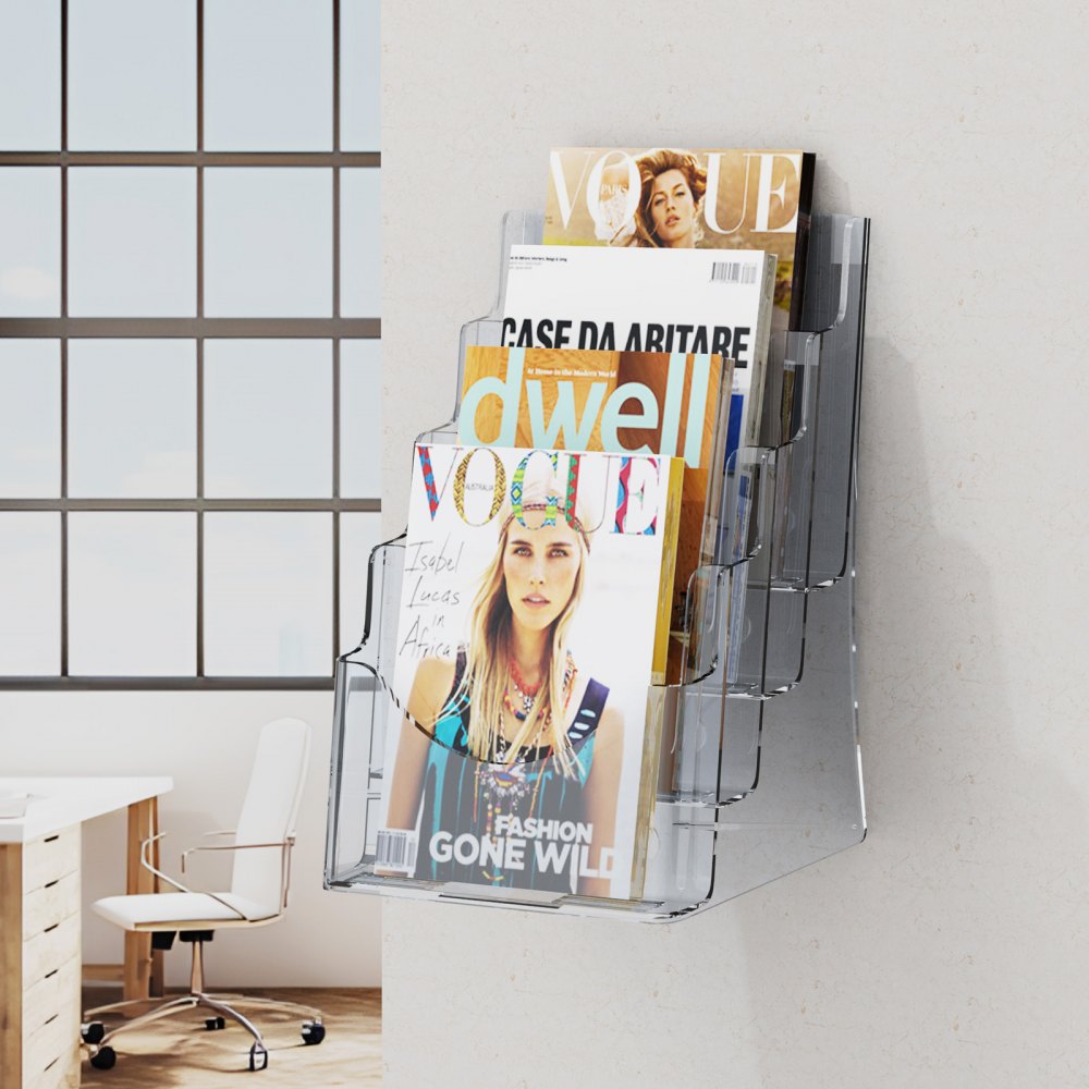 VEVOR Acrylic Brochure Holder/Sign Holder, 4-Tier Transparent Literature Stand, 223.52 x 279.4 mm, Display Stand with Removable Divider for Office Displays, Worktop, Wall Mount