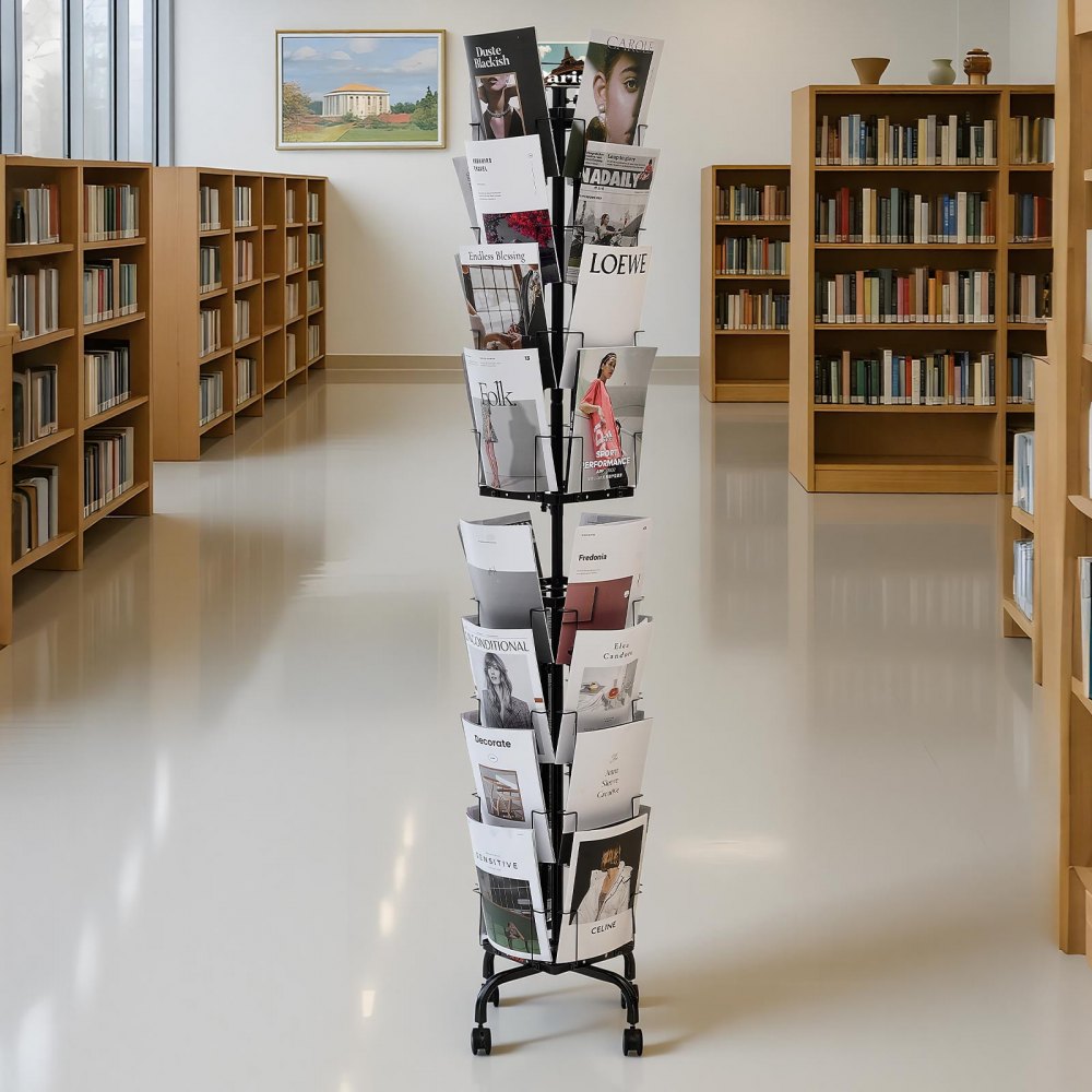 VEVOR Grußkartenständer Broschürenständer mit 32 Fächern, 360° Drehbar, Zeitschriftenständer mit Schildhalter & 4 Rollen, Prospekthalter für Ausstellungen Büros Messen Literaturhalter