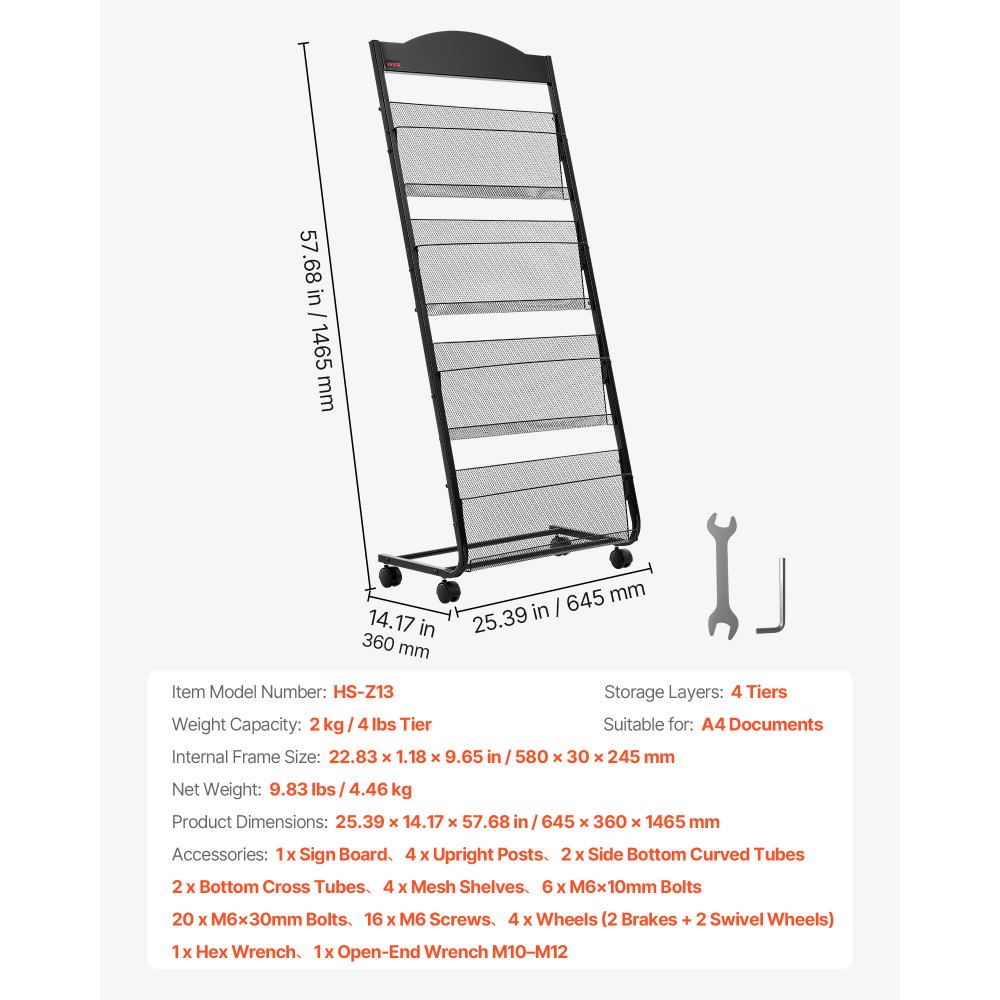 VEVOR Brochure Display Rack, 4-Tier Magazine Literature Display Stand with Wheels, Movable Floor Standing Magazine Rack, Heavy Duty Newspaper Catalog Holders for Shop Exhibitions Office Craft Fairs