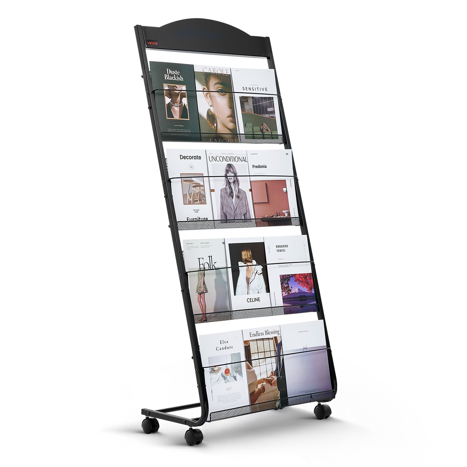VEVOR Brochure Display Rack, 4-Tier Magazine Literature Display Stand with Wheels, Movable Floor Standing Magazine Rack, Heavy Duty Newspaper Catalog Holders for Shop Exhibitions Office Craft Fairs