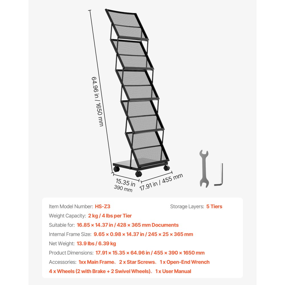 VEVOR Brochure Display Rack, Foldable 5 Pockets Magazine Literature Display Stand, Movable Floor Standing Magazine Rack with Wheels, Metal Newspaper Catalog Holders for Shop Exhibitions Office Show