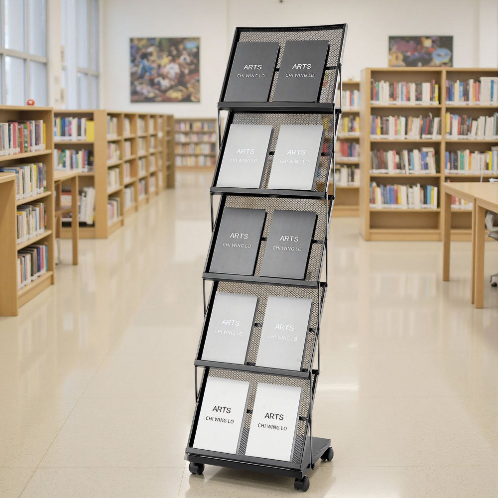VEVOR Brochure Display Rack, Foldable 5 Pockets Magazine Literature Display Stand, Movable Floor Standing Magazine Rack with Wheels, Metal Newspaper Catalog Holders for Shop Exhibitions Office Show