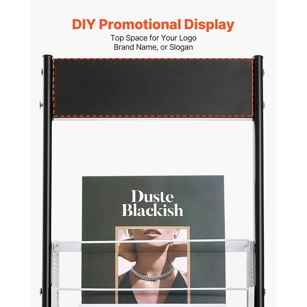 VEVOR Brochure Display Rack, Narrow 6-Tier Magazine Literature Display Stand with Wheels, Metal Floor Standing Magazine Rack, Movable Newspaper Catalog Holders for Shop Exhibitions Office (6 Pockets)
