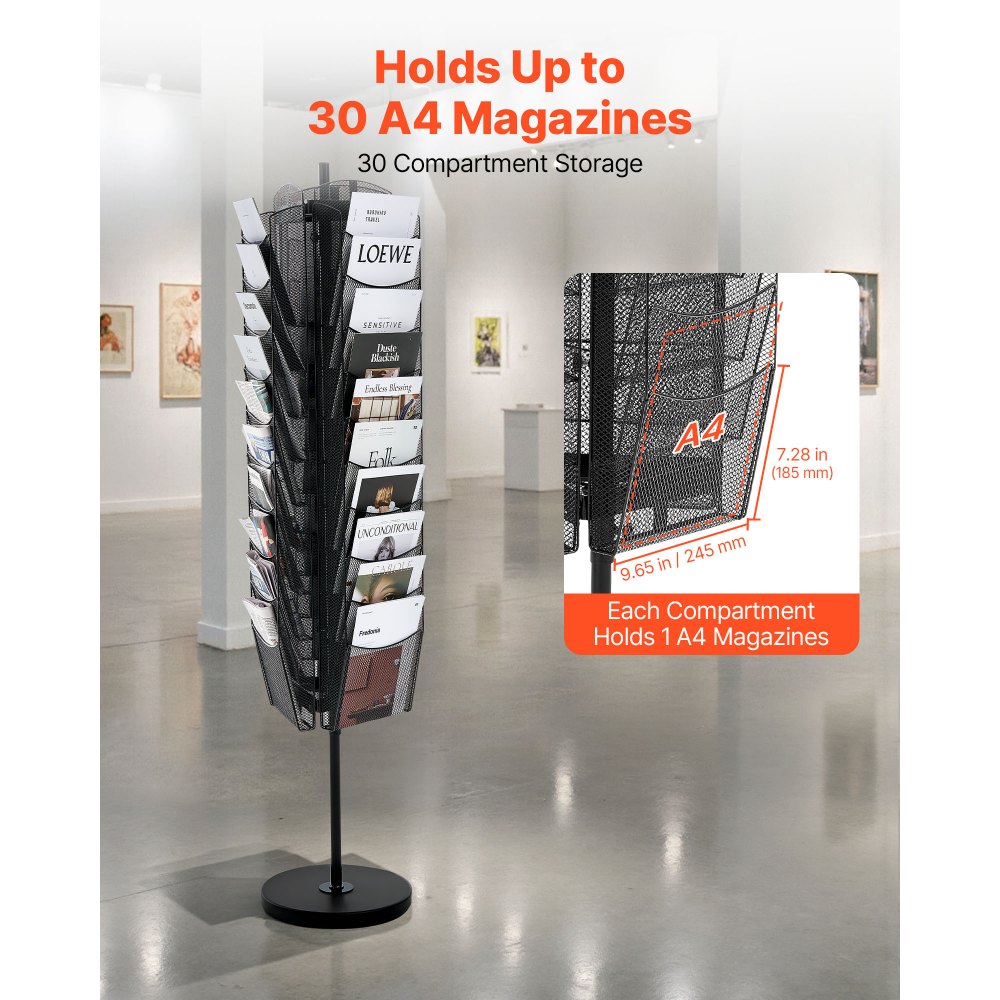 VEVOR Rotating Brochure Display Rack, 30 Pockets Mesh Magazine Literature Display Stand, Portable Floor Standing Magazine Rack, Metal Newspaper Catalog Holders for Shop Exhibitions Office Trade Show
