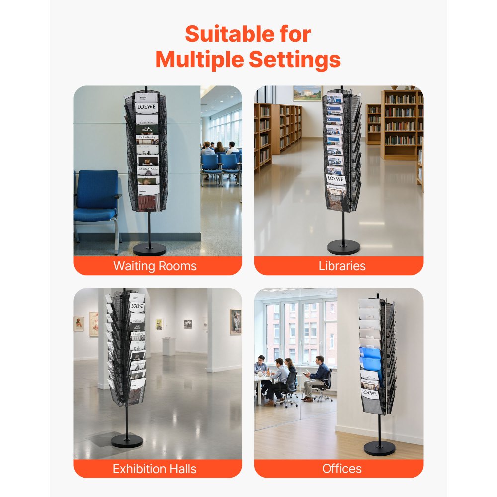 VEVOR Rotating Brochure Display Rack, 30 Pockets Mesh Magazine Literature Display Stand, Portable Floor Standing Magazine Rack, Metal Newspaper Catalog Holders for Shop Exhibitions Office Trade Show