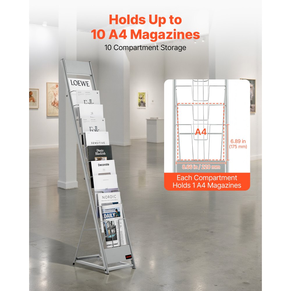 VEVOR Brochure Display Rack, 10 Pockets Magazine Literature Display Stand, Portable Floor Standing Magazine Rack, Metal Newspaper Catalog Holders for Shop, Exhibitions, Office, Trade Show, Silver