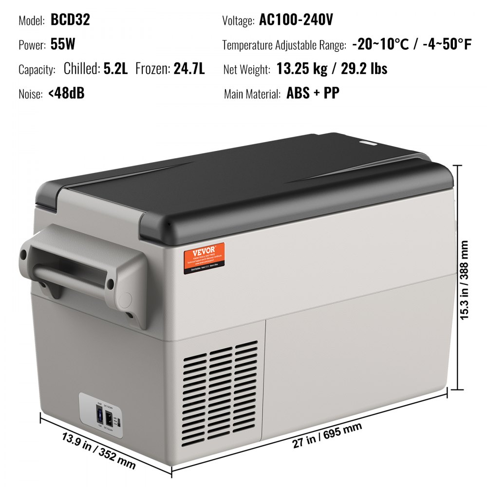VEVOR Autokühlschrank, 12-Volt-Autokühlschrank, Tragbarer 32-Liter-Gefrierschrank mit zwei Zonen, einstellbarer Bereich von -4 ℉ bis 50 ℉, 12/24 V DC und 100-240 V AC-Kompressorkühler Outdoor