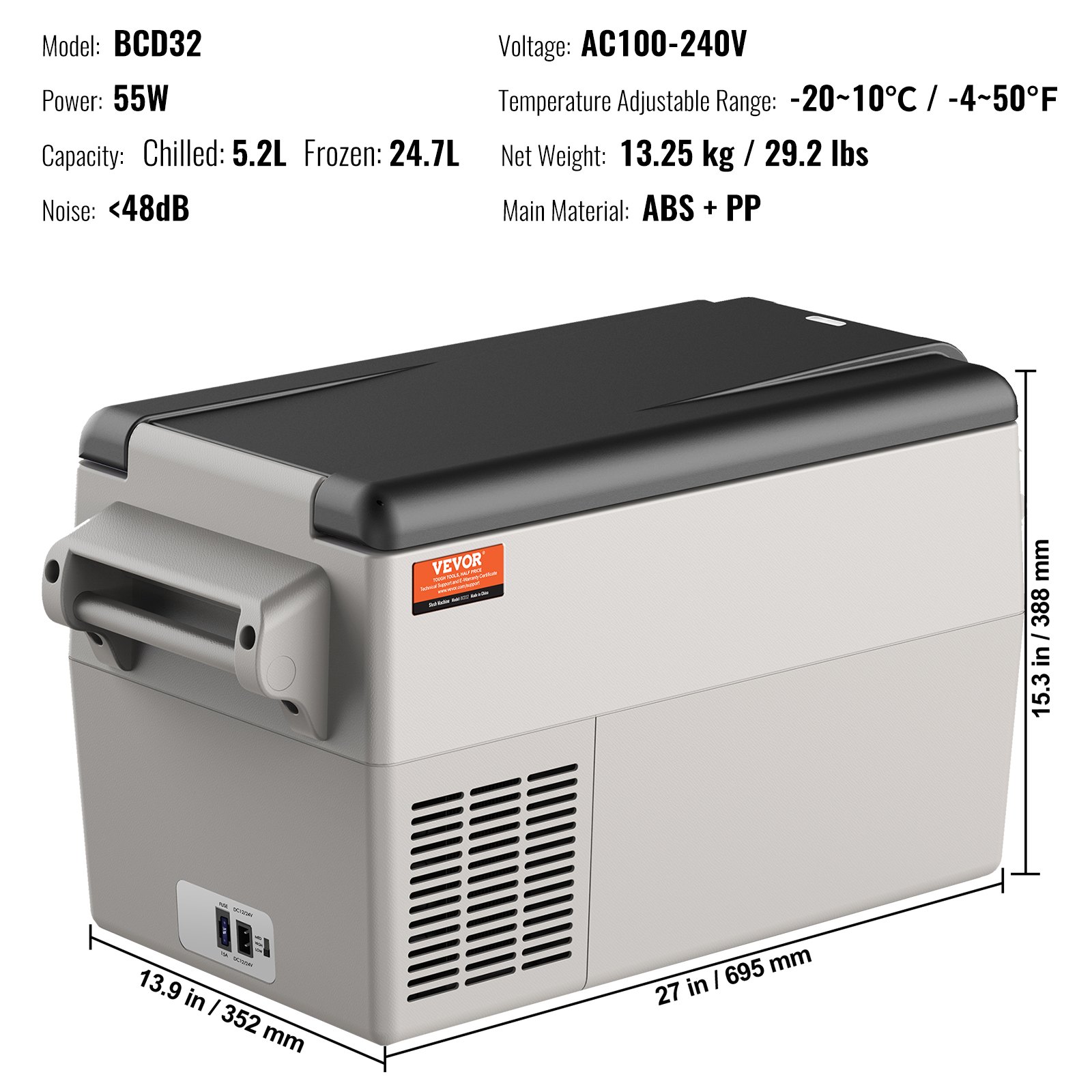 VEVOR Autokühlschrank, 12-Volt-Autokühlschrank, Tragbarer 32-Liter-Gefrierschrank mit zwei Zonen, einstellbarer Bereich von -4 ℉ bis 50 ℉, 12/24 V DC und 100-240 V AC-Kompressorkühler Outdoor