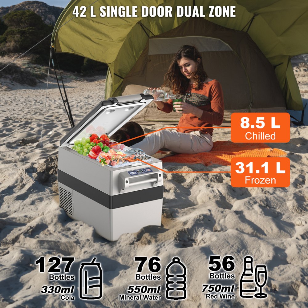 VEVOR Autokühlschrank, 12-Volt-Autokühlschrank, Tragbarer 42-Liter-Gefrierschrank mit zwei Zonen, Einstellbarer Bereich von -4 ℉ bis 50 ℉, 12/24 V DC und 100-240 V AC-Kompressorkühler Outdoor