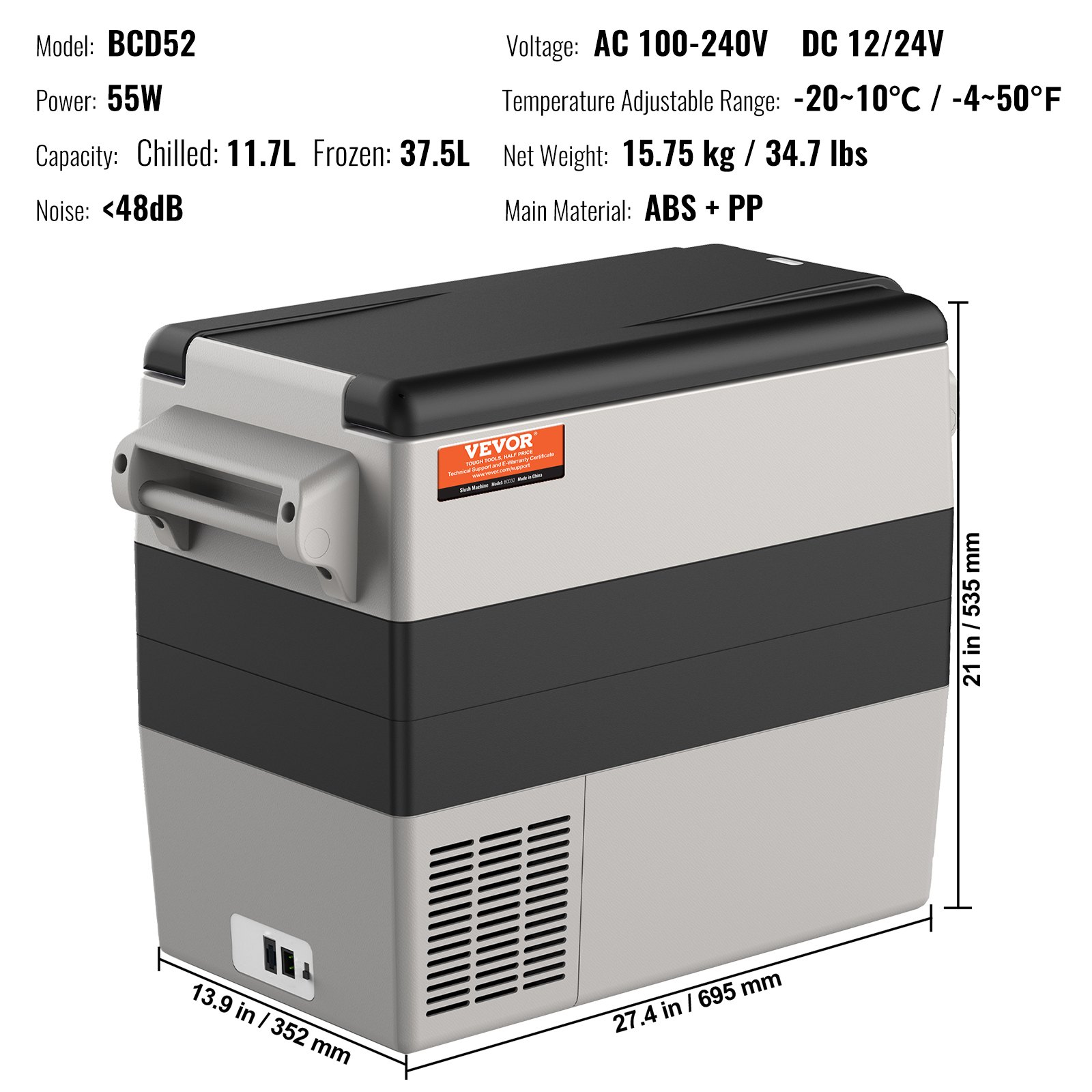VEVOR 12 V Autokühlschrank Auto Kühlbox, Tragbarer 52-Liter-Gefrierschrank mit zwei Zonen & Griff, Einstellbarer Bereich von -20~10 ℃, Kompressorkühler Lkw Boot Outdoor Camping