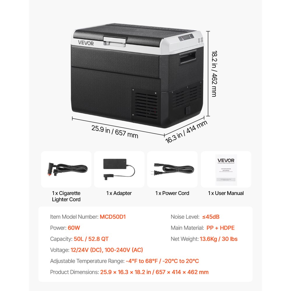 VEVOR 12 Volt Car Refrigerator, 50L Car Fridge, Portable Electric Cooler with -20℃ to 20℃ Adjustable Temperature, 12/24V DC and 100- 240V AC Compressor Freezer for Outdoor, Camping, Travel, RV
