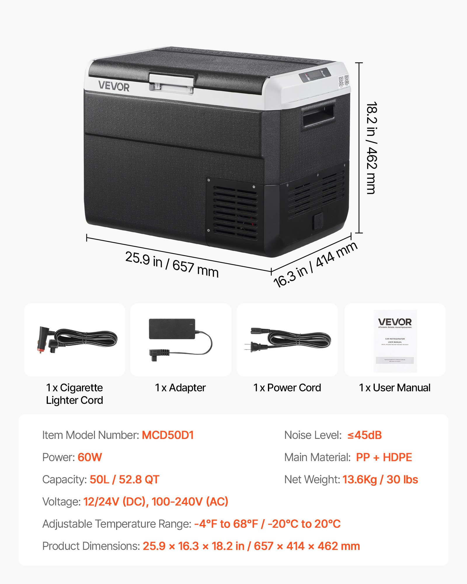 VEVOR 12 Volt Car Refrigerator, 50L Car Fridge, Portable Electric Cooler with -20℃ to 20℃ Adjustable Temperature, 12/24V DC and 100- 240V AC Compressor Freezer for Outdoor, Camping, Travel, RV