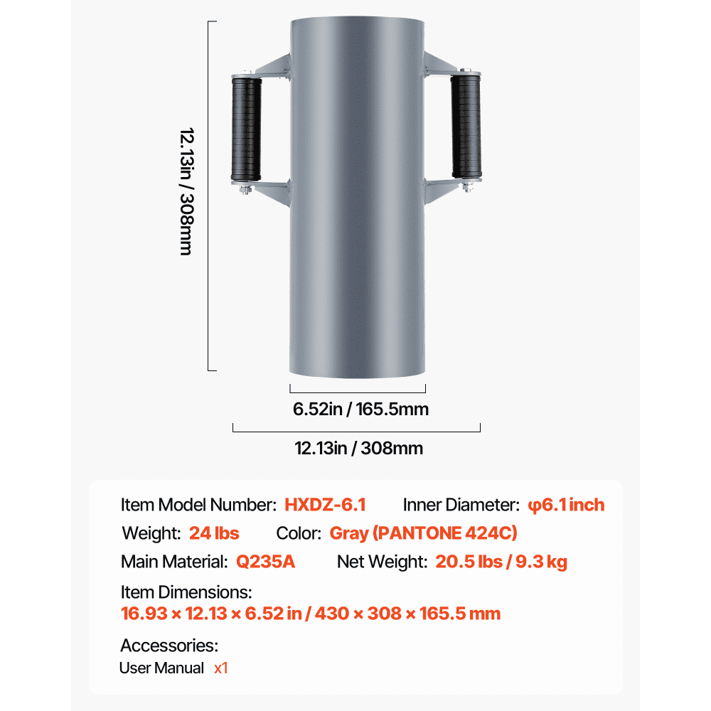 VEVOR Pfahlramme, Handramme mit 2 Handgriffen, Pfostenramme für Holzzäune, Zaunpfahlramme für T-Pfosten mit Innendurchmesser bis zu 15,5 cm, Ideal für Bauernhof, Garten, Hof, 430x308x165,5 mm