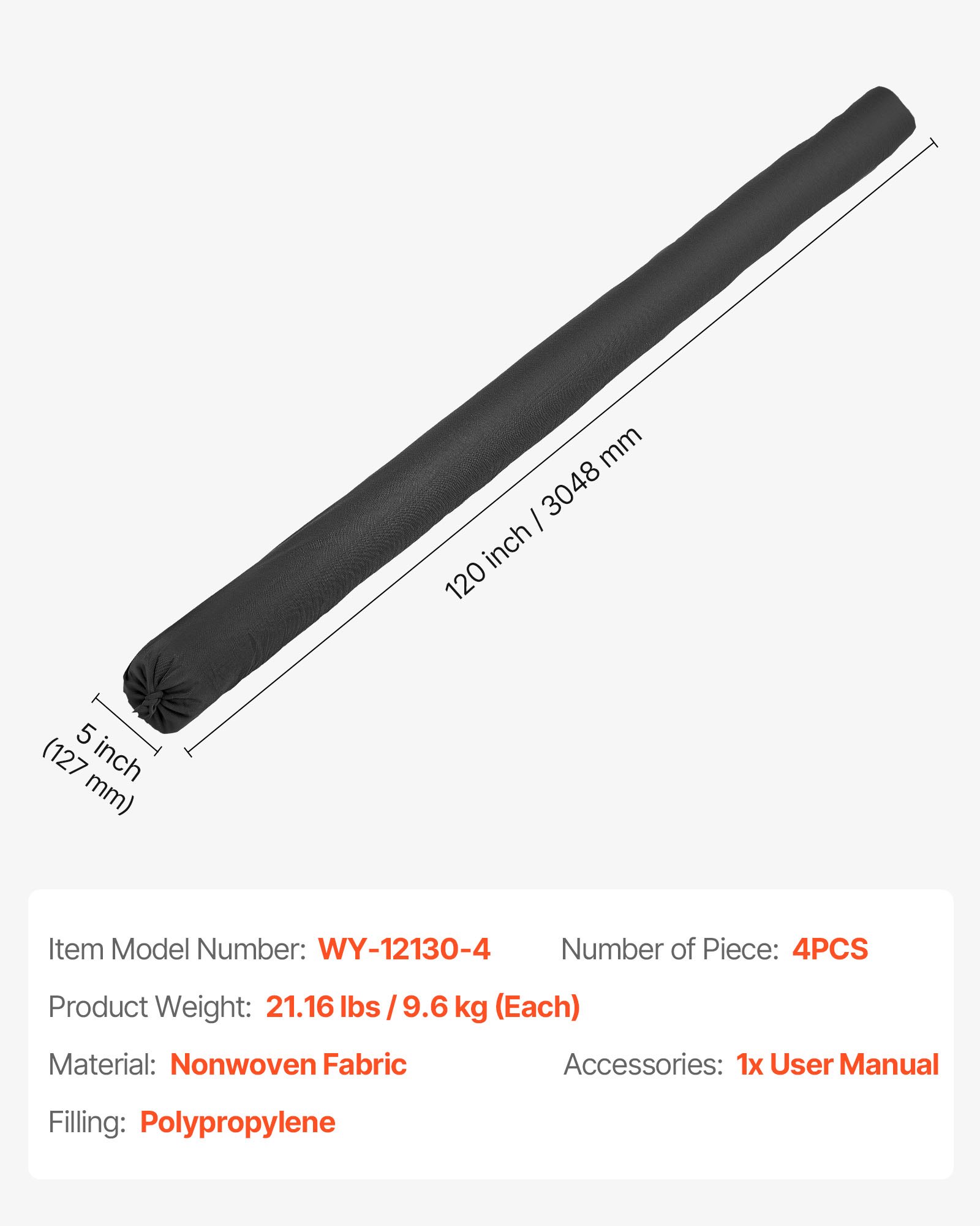 VEVOR Sedimentfilterrolle 12,7 cm x 3 m, Rolle zum Zurückhalten von Laub & Schmutz, Erosionsschutz, Füllung aus Polypropylen, für Regenwassermanagement, Schutz der Regenwasserkanalisation, 4er-Pack