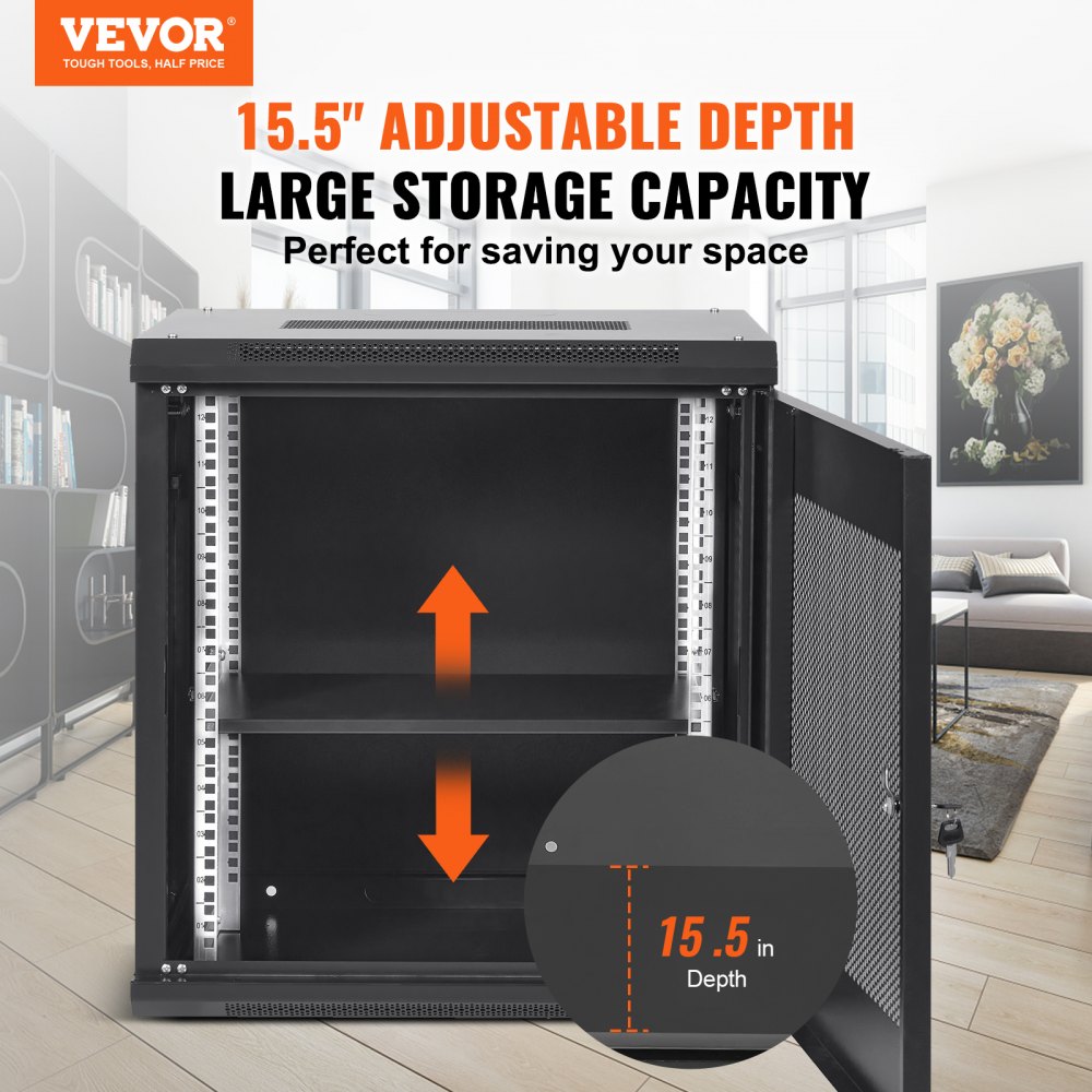 VEVOR 12U Netzwerk-Serverschrank zur Wandmontage, 15,5'' tief, Server-Rack-Schrankgehäuse, max. 200 lbs. Bodenmontierte Ladekapazität, mit abschließbaren Türseitenwänden, für IT-Geräte, A/V-Geräte