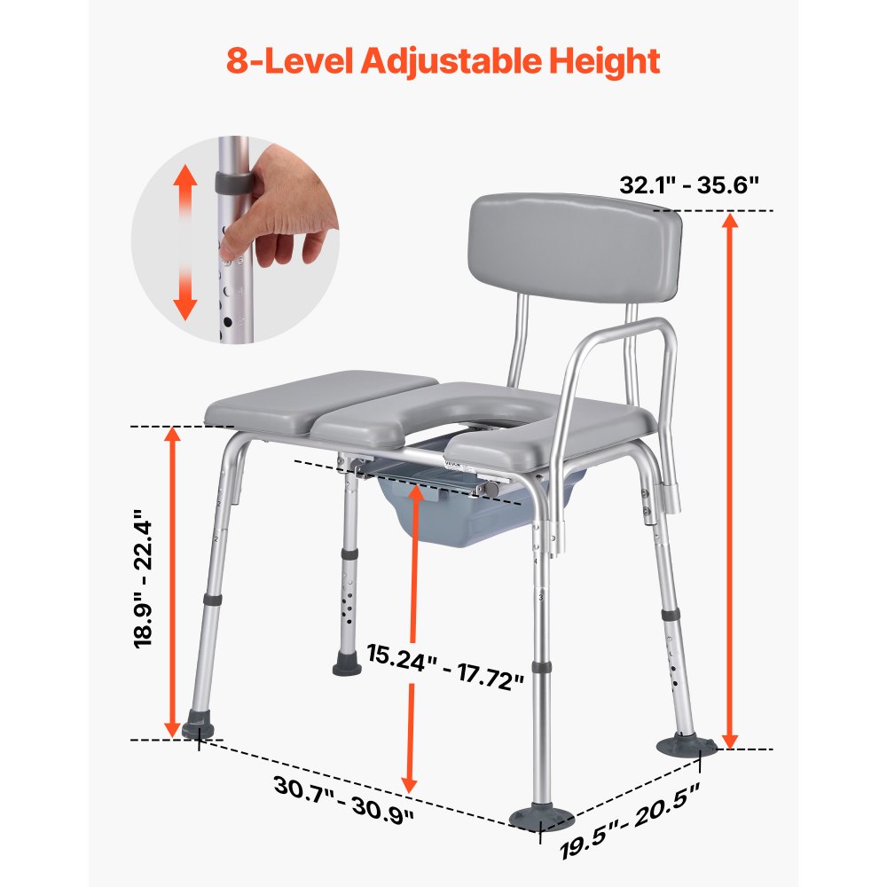 VEVOR Nachttoilettenstuhl 227 kg belastbar, Toilettensitzerhöhung mit gepolsterter Sitzfläche & Rückenlehne, abnehmbarer 5 L Eimer, höhenverstellbarer Toilettenstuhl für Senior Erwachsene