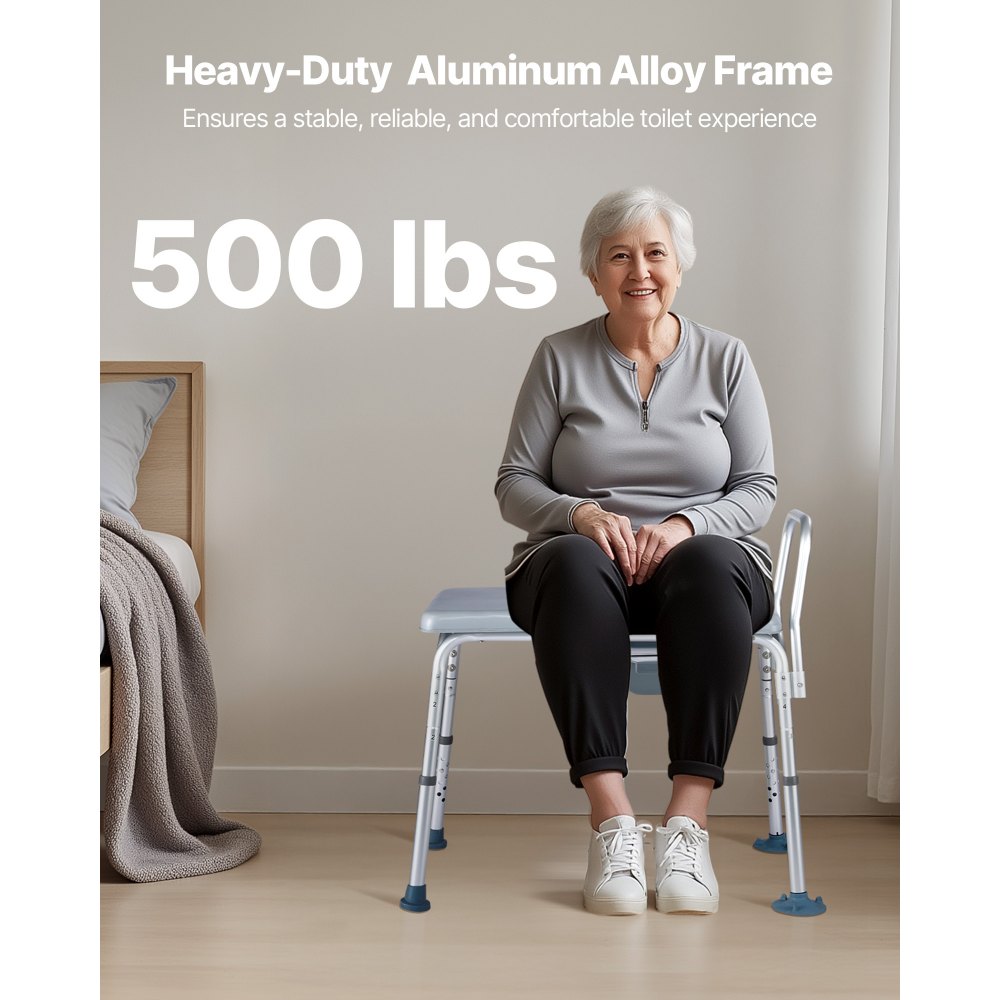 VEVOR Nachttoilettenstuhl 227 kg belastbar, Toilettensitzerhöhung mit gepolsterter Sitzfläche & Rückenlehne, abnehmbarer 5 L Eimer, höhenverstellbarer Toilettenstuhl für Senior Erwachsene