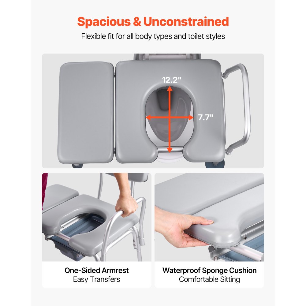 VEVOR Nachttoilettenstuhl 227 kg belastbar, Toilettensitzerhöhung mit gepolsterter Sitzfläche & Rückenlehne, abnehmbarer 5 L Eimer, höhenverstellbarer Toilettenstuhl für Senior Erwachsene
