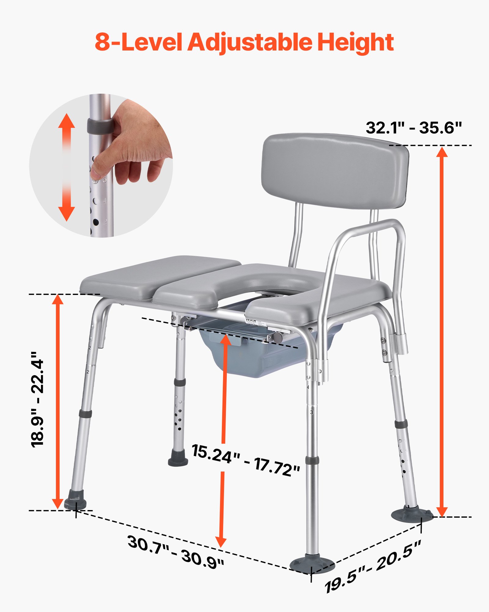 VEVOR Bedside Commode Chair, 227 kg Weight Capacity, 4-in-1 Portable Toilet and Raised Toilet Seat with Padded Seat and Backrest, Detachable 5L Bucket, Adjustable Height Adult Potty Chair for Seniors