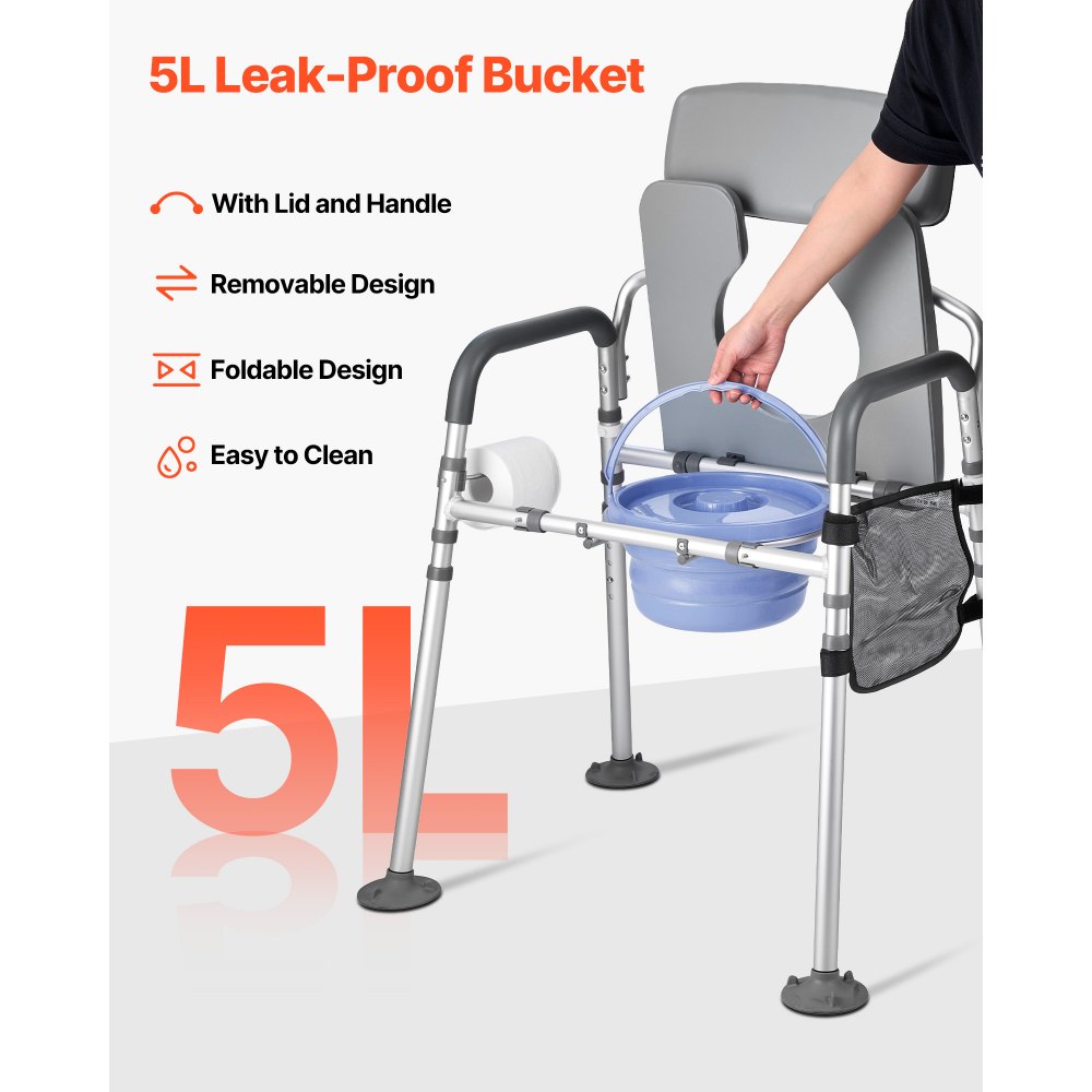 VEVOR Nachttoilettenstuhl 227 kg belastbar, Toilettensitzerhöhung mit gepolsterter Sitzfläche & Rückenlehne, abnehmbarer 5 L Eimer, Toilettenstuhl (Höhe und Breite einstellbar) für Erwachsene