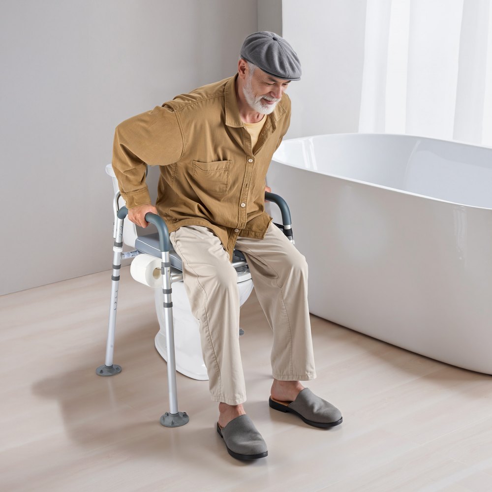 VEVOR Nachttoilettenstuhl 227 kg belastbar, Toilettensitzerhöhung mit gepolsterter Sitzfläche & Rückenlehne, abnehmbarer 5 L Eimer, Toilettenstuhl (Höhe und Breite einstellbar) für Erwachsene