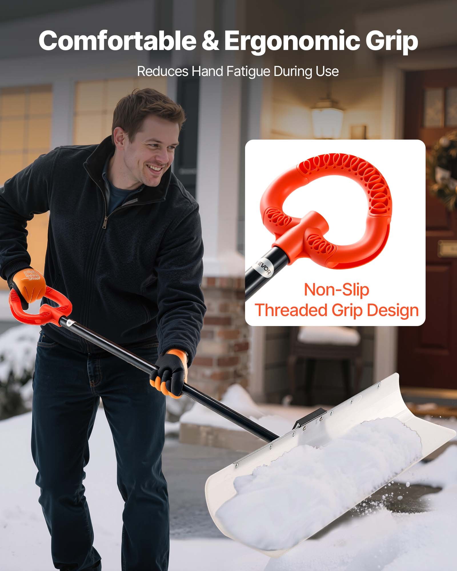 VEVOR Snow Pusher Shovel, 122cm Outdoor Snowplow Shovel with Ergonomic Grip, HDPE Plastic Blade, Winter Shovels with Segmented Handle, Metal Edged Strip, Portable Snow Removal Tool for Driveway Garden