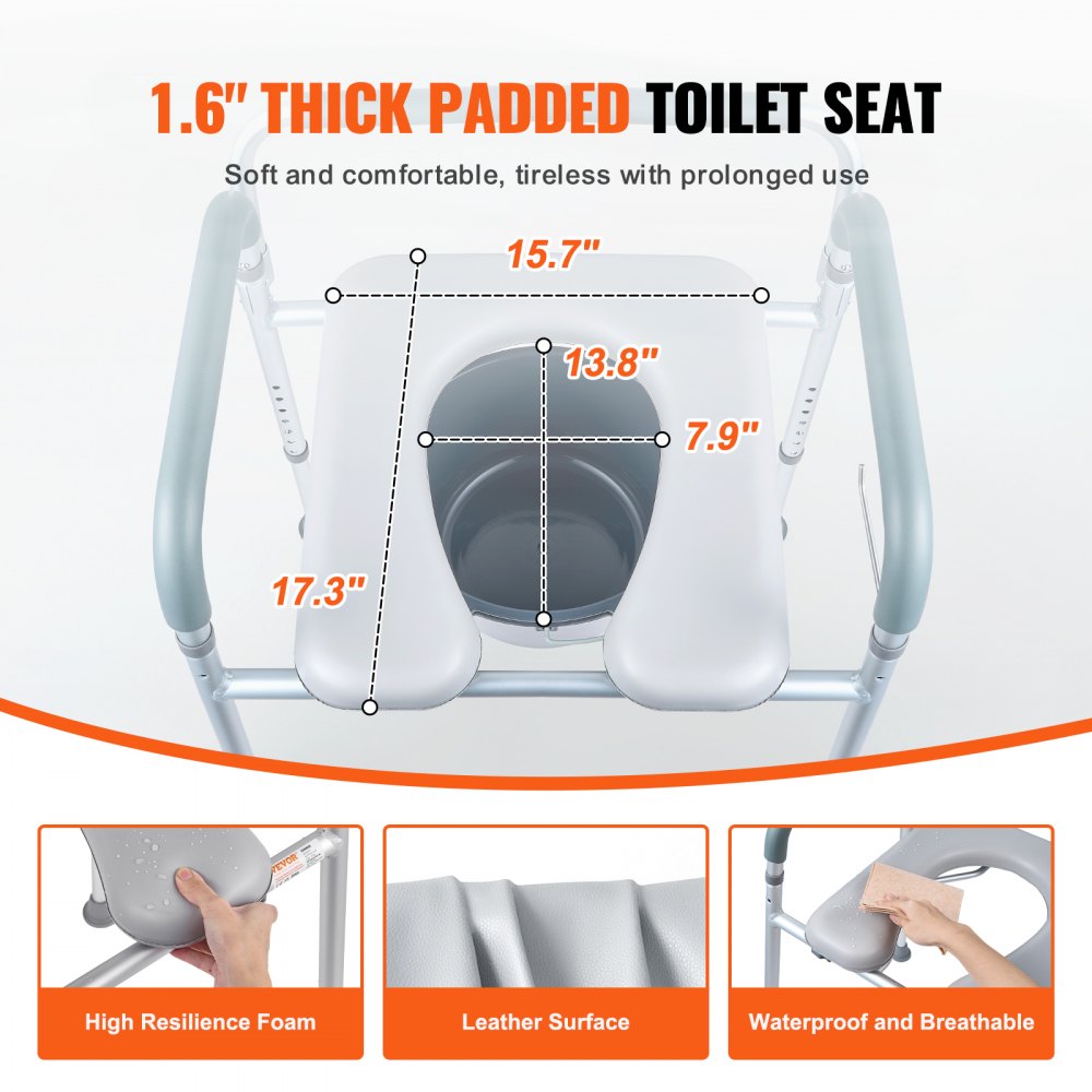 VEVOR Toilet Chair/Commode with Padded Seat & Armrests, 7-Level Height Adjustable, 5.8L Removable Bucket, Easy to Assemble, 158kg Capacity, Elevated Toilet Seat