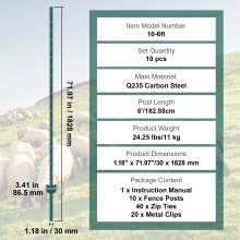 VEVOR 10er-Set Zaunpfosten 182,88cm Weidezaunpfahl Zaunpfahl Metallzaunpfosten