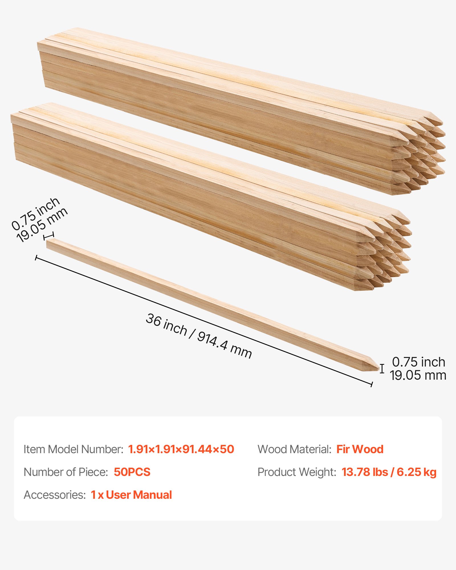VEVOR Holzpfähle, 50 Stk. 19,05x19,05x914,4 mm Holzpflöcke, Holzpfosten mit scharfer Spitze, Zaunpfähle aus Tannenholz, Wegweiser für Schlammzäune, Hinterhofbegrenzungen, Grundlinien