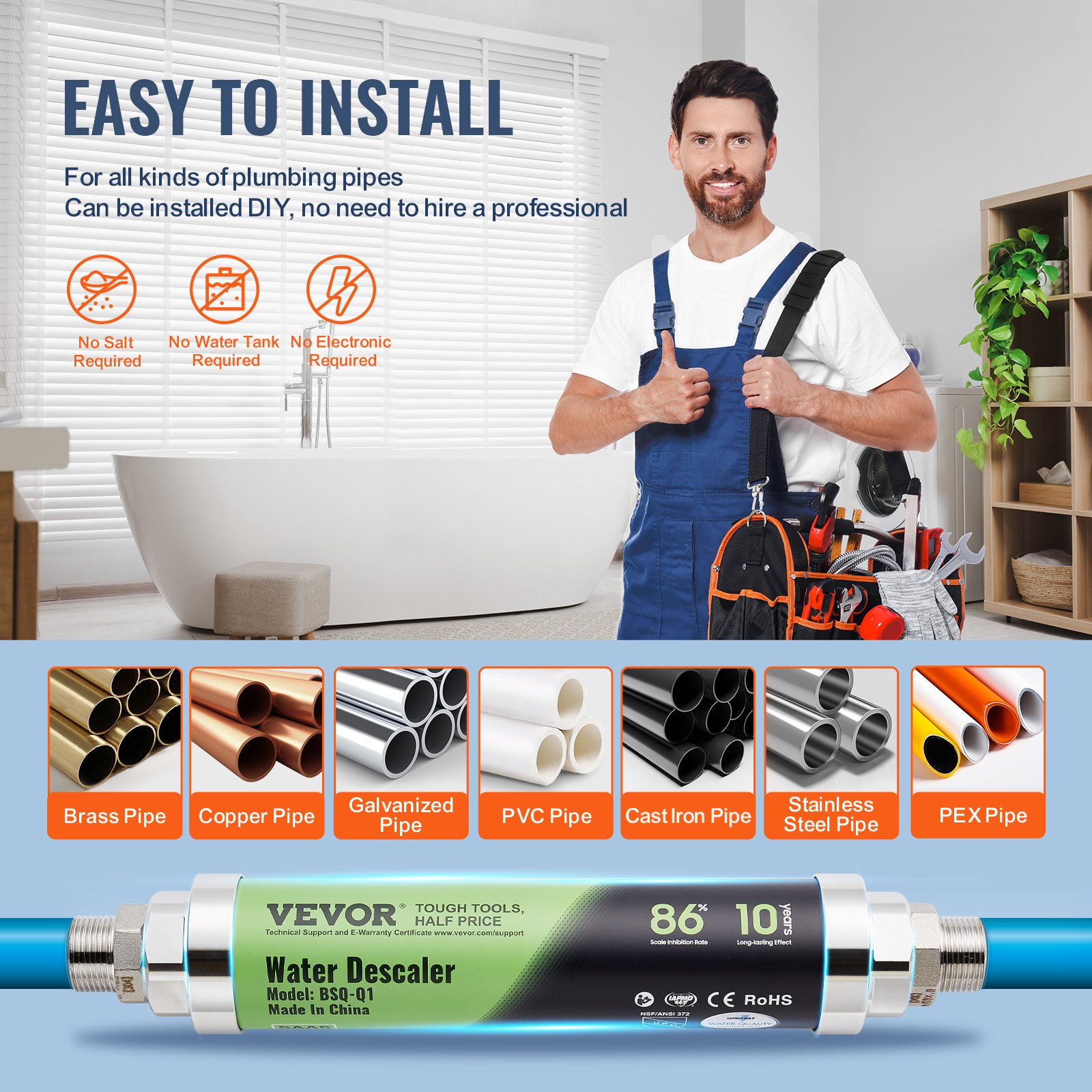 VEVOR Whole House Salt-Free Descaler, Physical Water Descaler for Tap Water, 18 GPM Whole House Water Descaler for All Types of Plumbing Pipes, SAAS Alloy