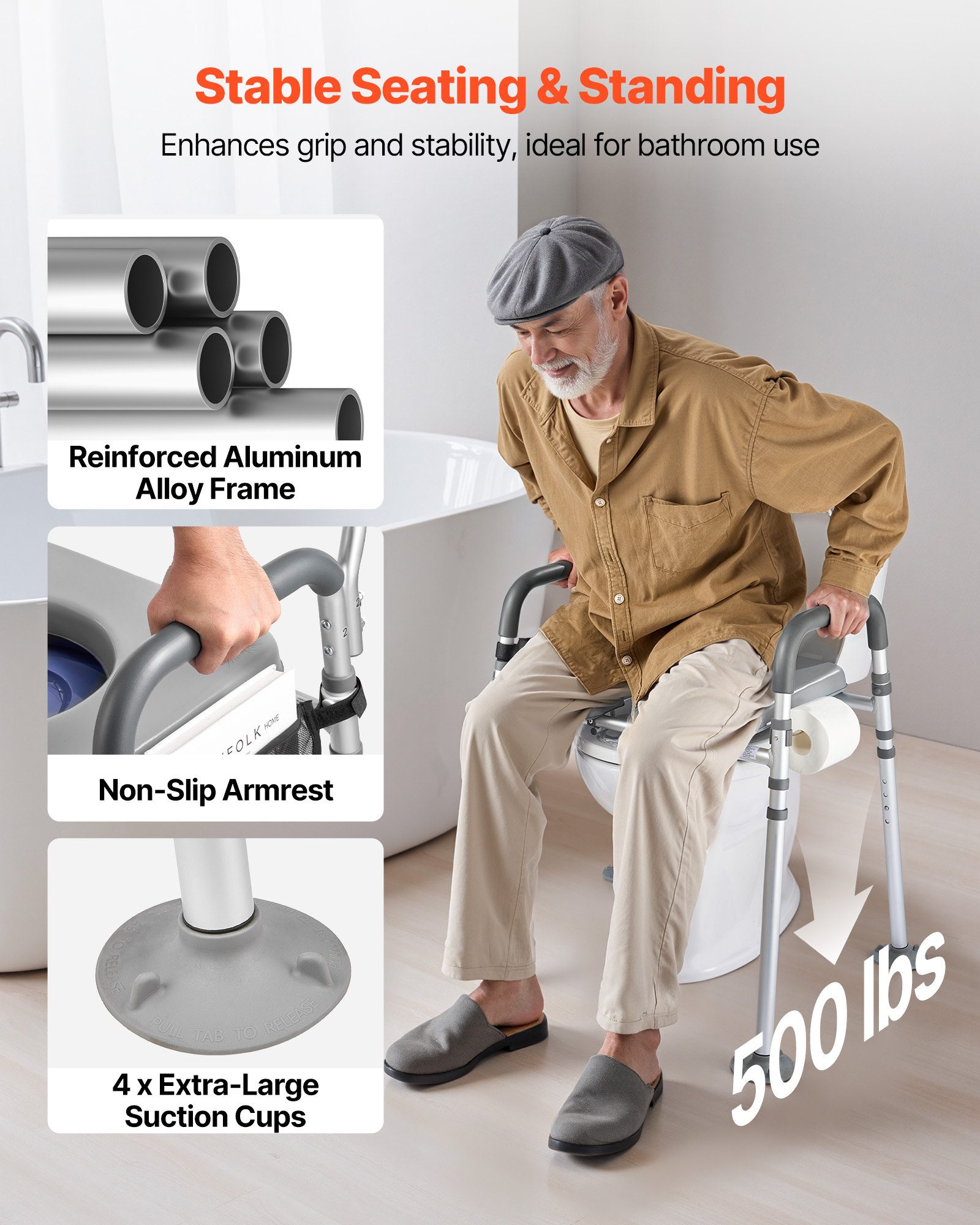 VEVOR Nachttoilettenstuhl 227 kg belastbar, Toilettensitzerhöhung mit gepolsterter Sitzfläche & Rückenlehne, abnehmbarer 5 L Eimer, höhenverstellbarer Toilettenstuhl für Senior Erwachsene