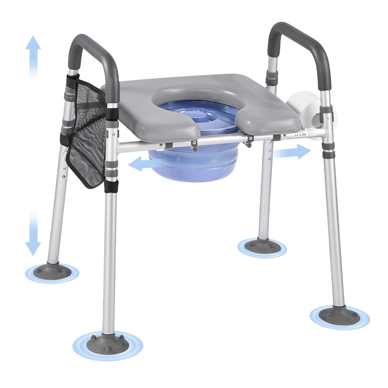 VEVOR Nachttoilettenstuhl 227 kg belastbar, Toilettensitzerhöhung mit gepolsterter Sitzfläche & Rückenlehne, abnehmbarer 5 L Eimer, höhenverstellbarer Toilettenstuhl für Senior Erwachsene