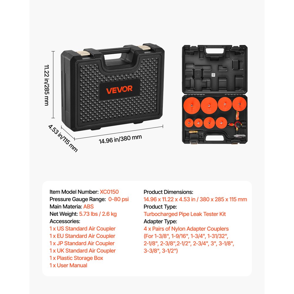 VEVOR  Turbo Ladedruck Lecktester Set 0–80 PSI Prüfset für Turbo System Leckagen mit 4 Paar Gestuften Adaptern 1-3/8 bis 3-1/2 Zoll inkl Luftanschlüssen zur Ladeluftkühler und Ansaugrohr Prüfung