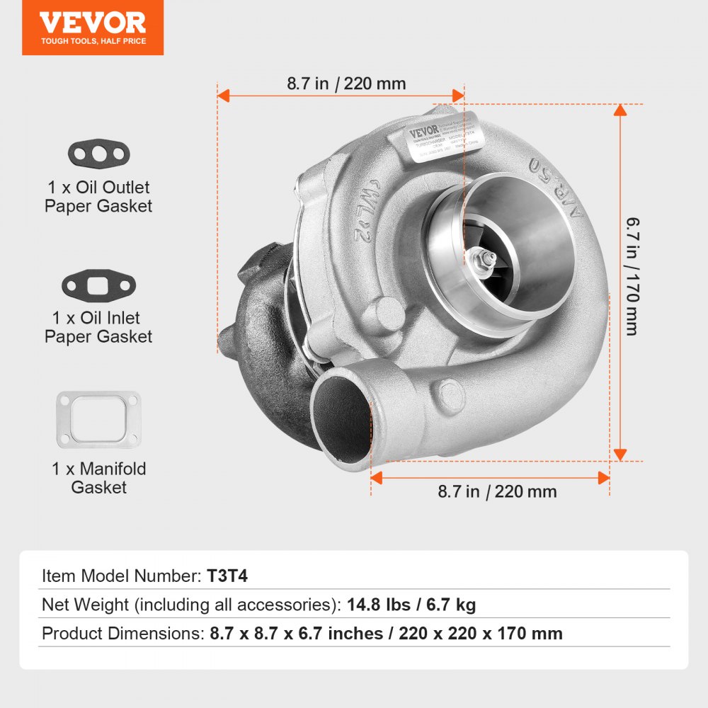 VEVOR Turbo-Turbolader mit Dichtungssatz, Turbolader-Ersatz für Automotoren, kompatibel mit 1,5 l – 4,0 l Hubraum, hitzebeständiger Motor-Turbolader mit K418-Legierungslaufrad