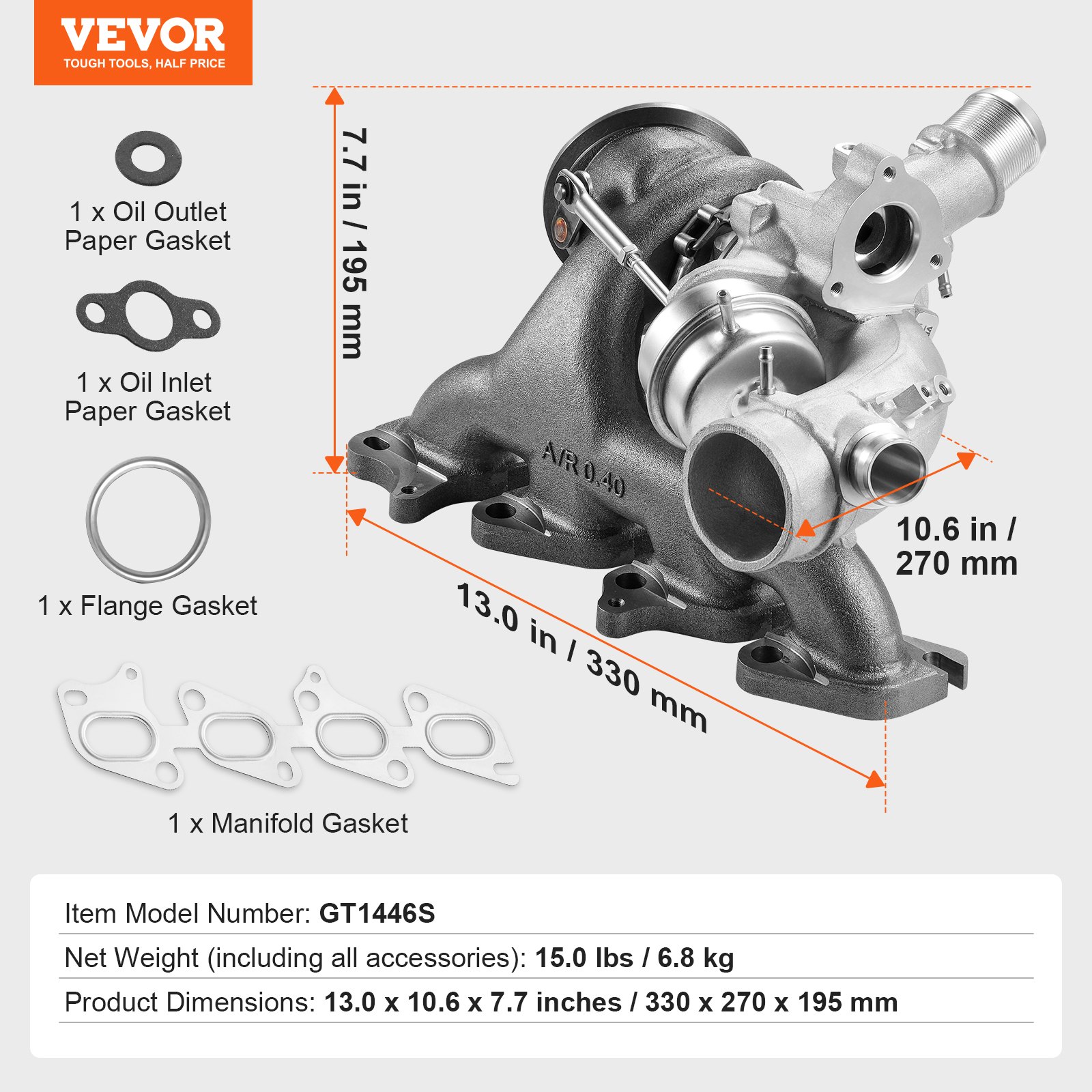 VEVOR Turbo Turbolader mit Dichtungssatz Turbolader-Ersatz für Automotoren, kompatibel mit Buick Encore 2013-2021 ---1.4L Gas VVT Turbocharged Ecotec LUV