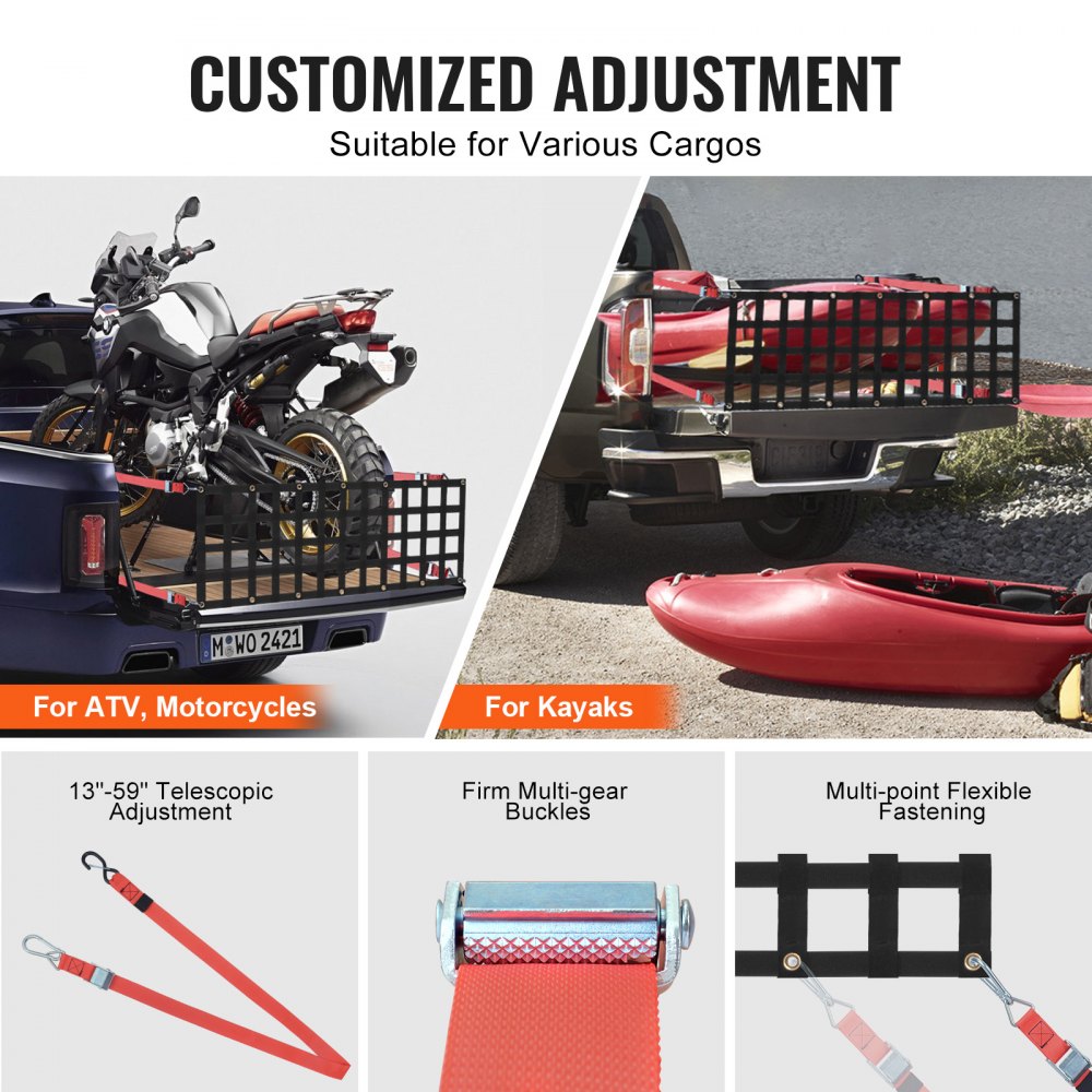 VEVOR Heckklappennetz, 1370 x 460 mm, LKW-Ladeflächennetz bis zu 680 kg, mit 4 verstellbaren Teleskopgurten, ausziehbar & langlebig, Gepäcknetz geeignet für Pickup, Anhänger, LKW, Jeep, SUV