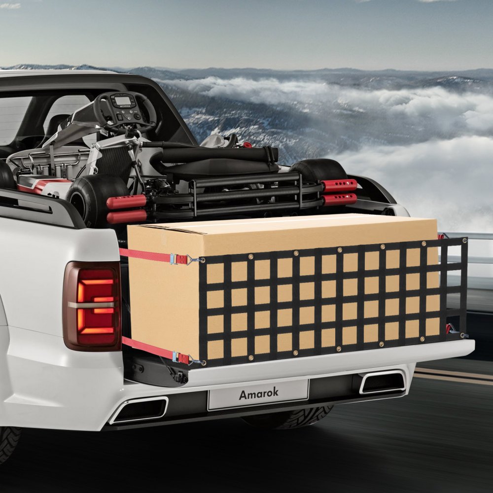VEVOR Heckklappennetz, 1370 x 460 mm, LKW-Ladeflächennetz bis zu 680 kg, mit 4 verstellbaren Teleskopgurten, ausziehbar & langlebig, Gepäcknetz geeignet für Pickup, Anhänger, LKW, Jeep, SUV