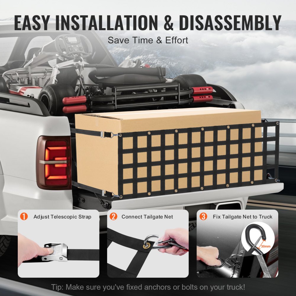 VEVOR tailgate net, 1525 x 470 mm, truck bed net with 4 adjustable telescopic straps, extendable and durable, flexible adjustment, cargo net suitable for pickups, trailers, trucks, Jeeps, SUVs