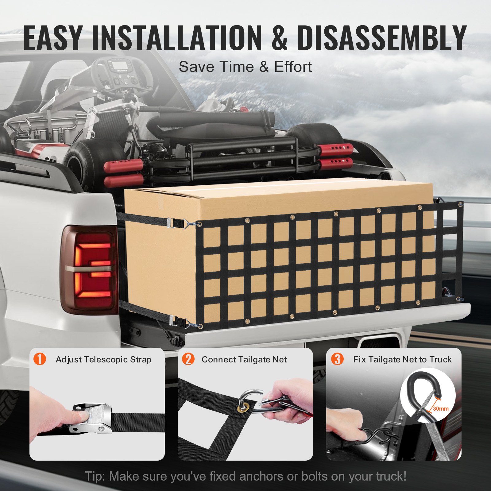 VEVOR tailgate net, 1525 x 470 mm, truck bed net with 4 adjustable telescopic straps, extendable and durable, flexible adjustment, cargo net suitable for pickups, trailers, trucks, Jeeps, SUVs