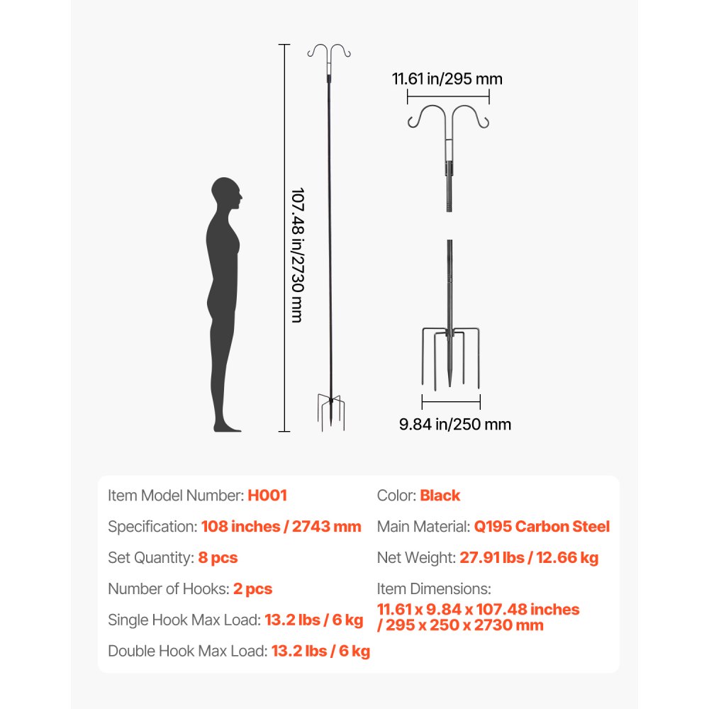 VEVOR Schäferhaken 8er-Pack, Hirtenhaken 273 cm, Garten Doppelhaken Laternenstab, 1,9 cm dicke Gartenhaken zum Aufhängen von Kolibri-Futterspendern, Pflanzenkörben, Solarlaternen, Windspielen