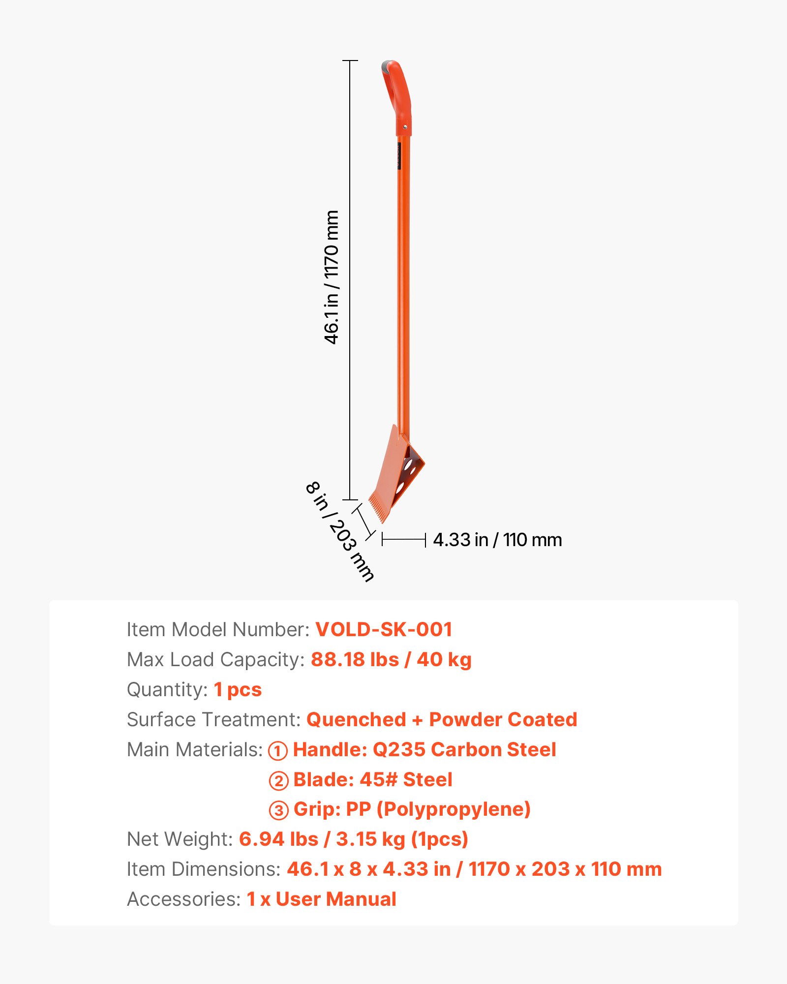 VEVOR Schindelschaufel, 1 Stk., Schindelentferner mit D-Griff, Dachtrenner aus hochhartem 45#-Stahl, Schieferabzieher, leichtes Werkzeug zum einfachen Abreißen von Dachpappe & Nägeln, Orange
