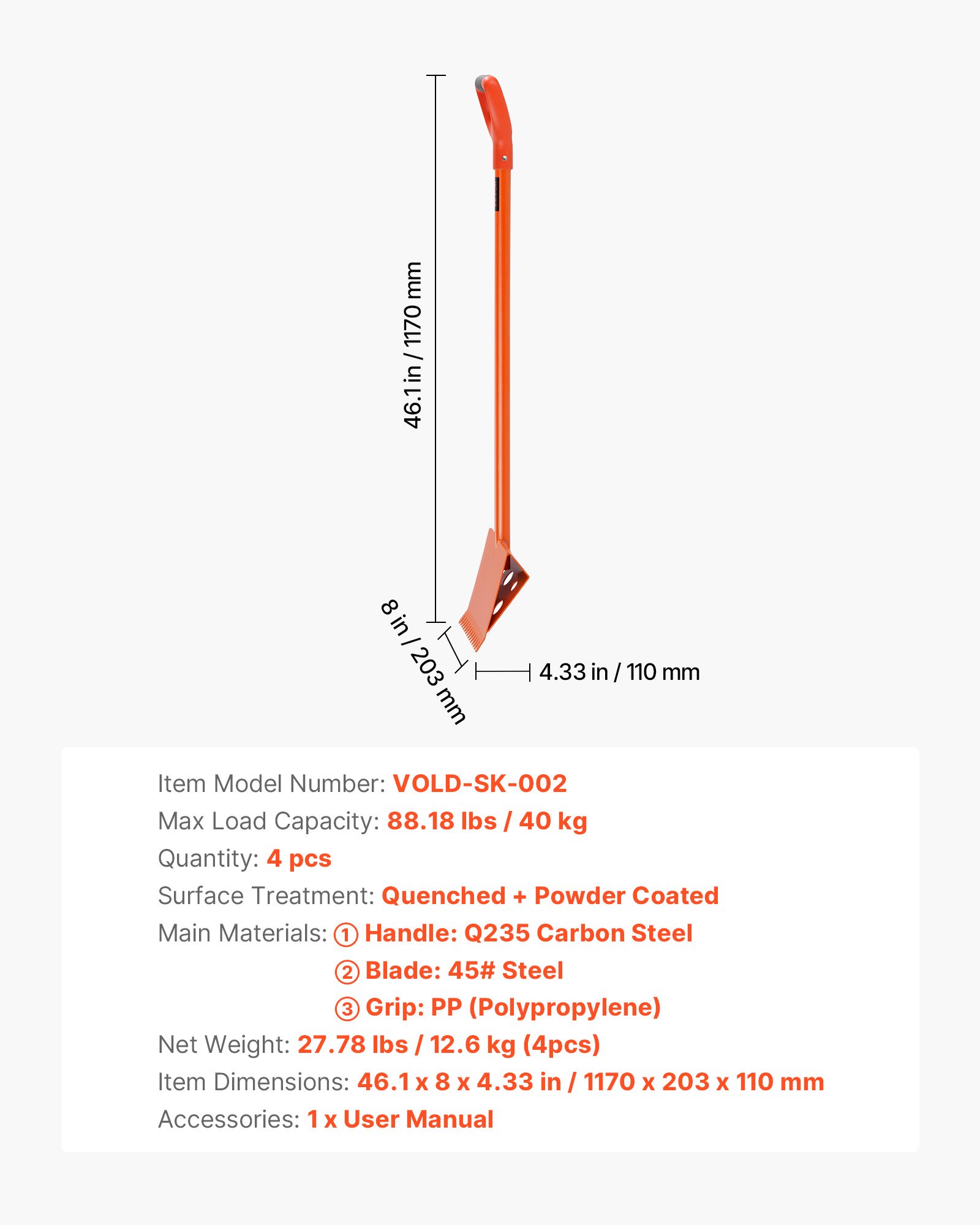 VEVOR Schindelschaufel, 4 Stk., Schindelentferner mit D-Griff, Dachtrenner aus hochhartem 45#-Stahl, Schieferabzieher, leichtes Werkzeug zum einfachen Abreißen von Dachpappe & Nägeln, Orange