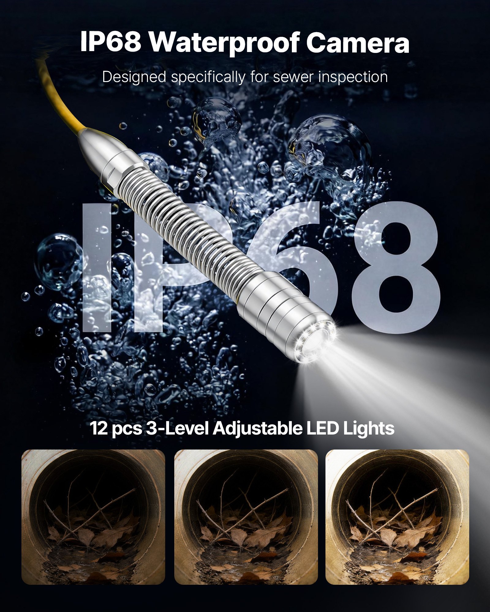 VEVOR Endoskopkamera mit WLAN, 20m Inspektionskamera mit 12 LEDs 3 Stufigem Licht, IP68 Rohrkamera mit 4500mAh Batterie & Meter-Markierung, Kanalkamera 1080p HD 120° Objektiv für Abflussinspektion