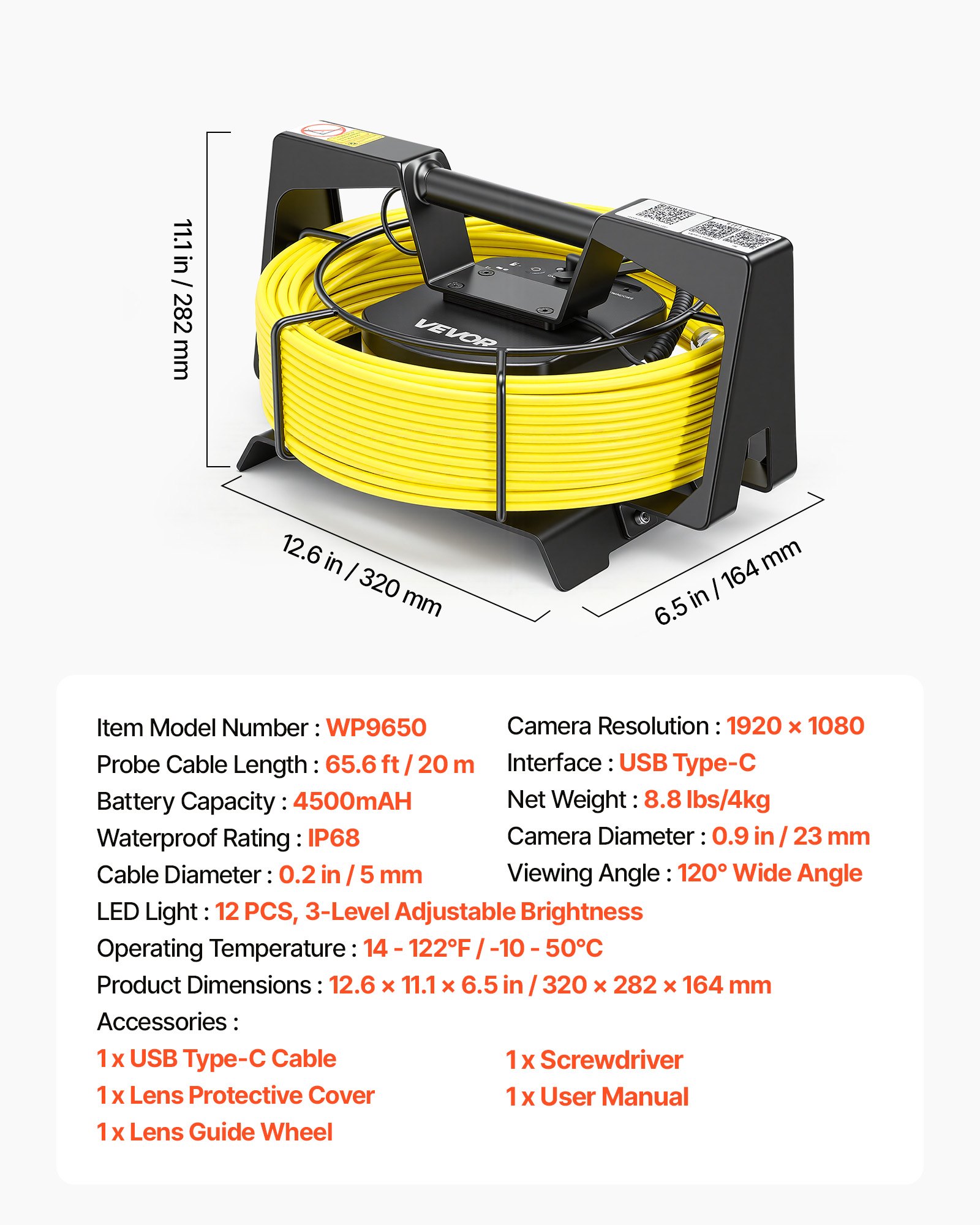 VEVOR Endoskopkamera mit WLAN, 20m Inspektionskamera mit 12 LEDs 3 Stufigem Licht, IP68 Rohrkamera mit 4500mAh Batterie & Meter-Markierung, Kanalkamera 1080p HD 120° Objektiv für Abflussinspektion