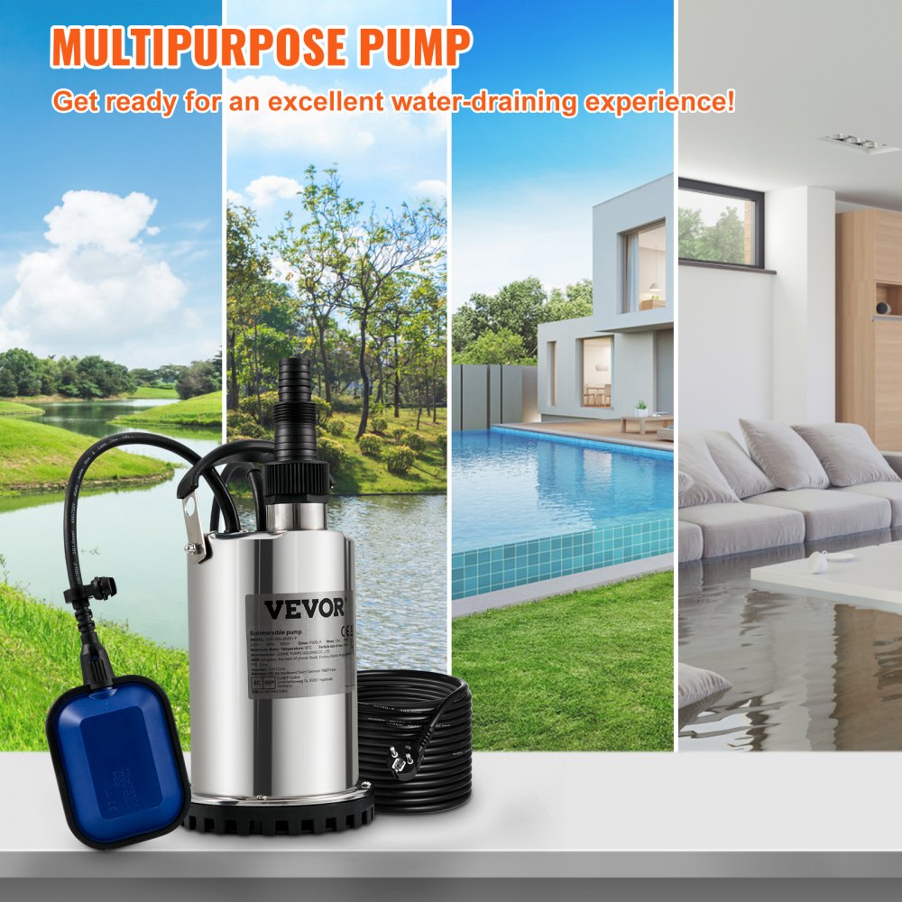 VEVOR 550W Submersible Dirty Water Pump, 230V Garden Pump, Flow Rate 9500L/h, IPX8, Cut-to-Size Outlet, for Pumping Water from Swimming Pools, Ponds, and Basements