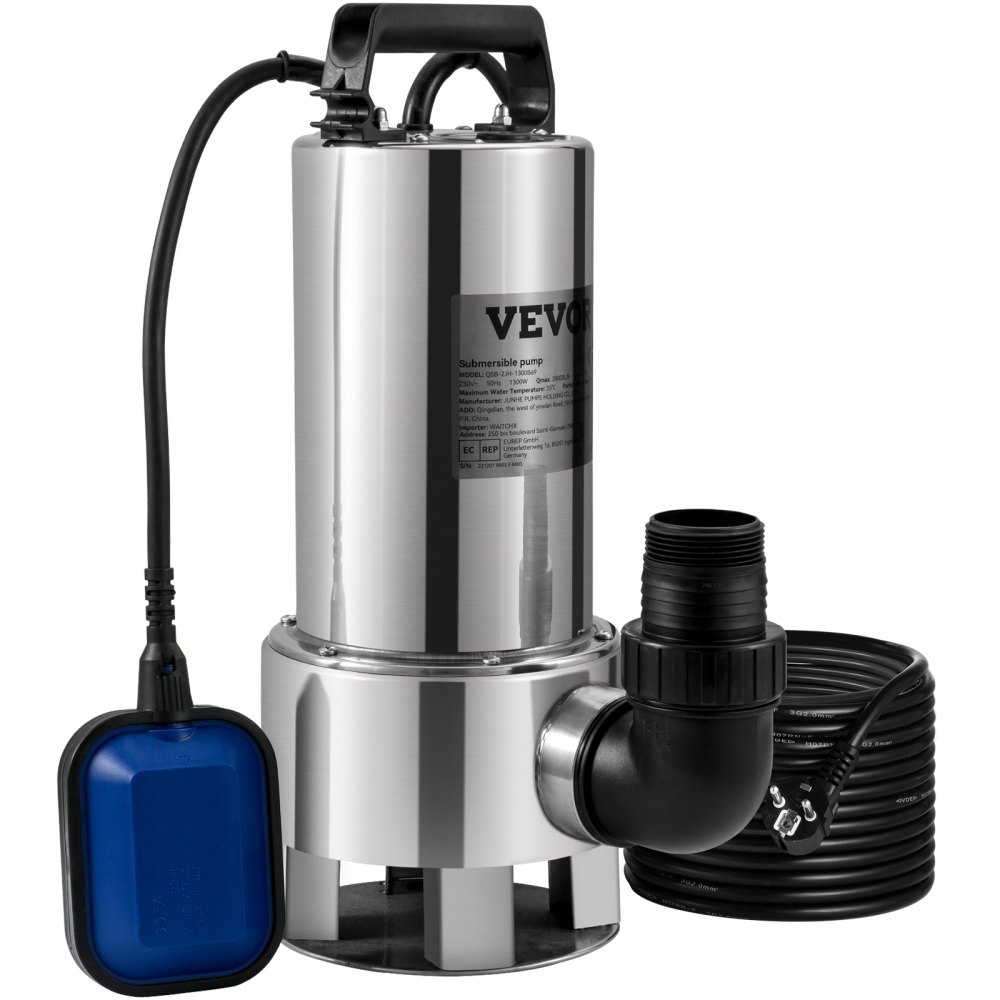 VEVOR Tauchwasserpumpe, 1300 W, 20000 l/h, mit 10 m Kabel und automatischem Schwimmerschalter, Edelstahl und Gusseisen für schmutzige oder saubere, leere Gartenteiche, Schwimmbäder, Whirlpools