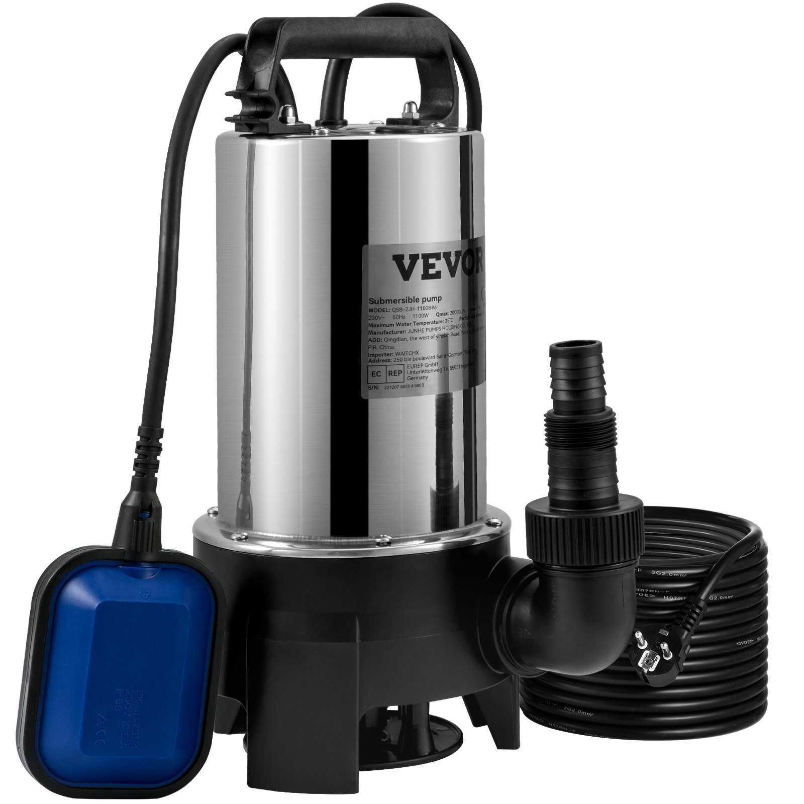 VEVOR Tauchpumpe 1100W Schmutzwasserpumpe 230V Gartenpumpe Durchfluss 333,3L/min Schmutzwassertauchpumpe IPX8 Auslass zuschneidbar zum Pumpen von Wasser aus Schwimmbädern Teichen