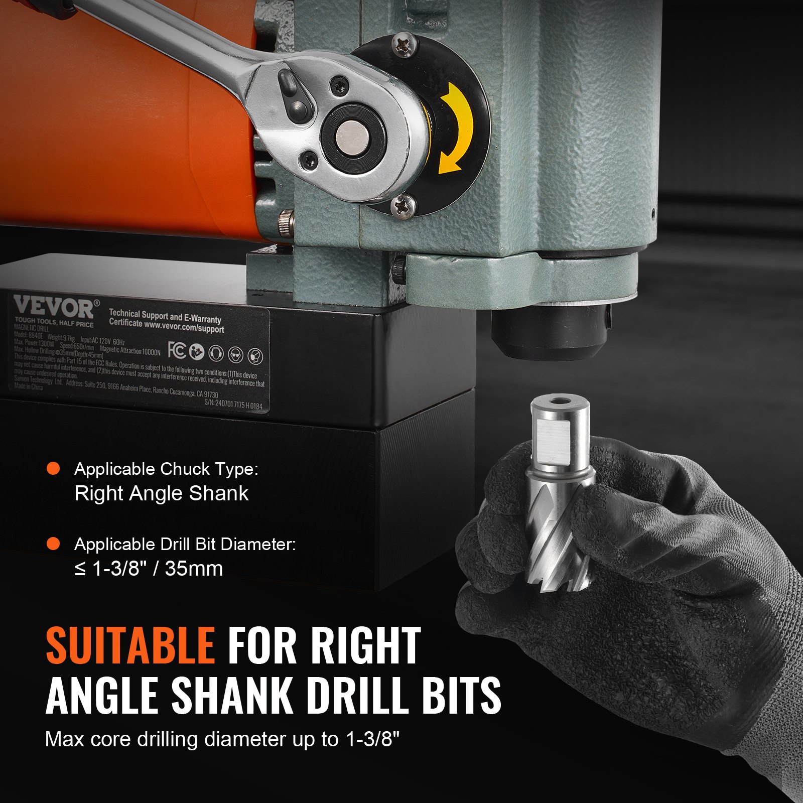 VEVOR Magnetic Drilling Machine, Core Drilling Machine 1300 W, Flat Portable Magnetic Drilling Machine with Cooling Device and Overload Protection, Magnetic Press for Equipment Installation, Industry, Metalworking, Orange